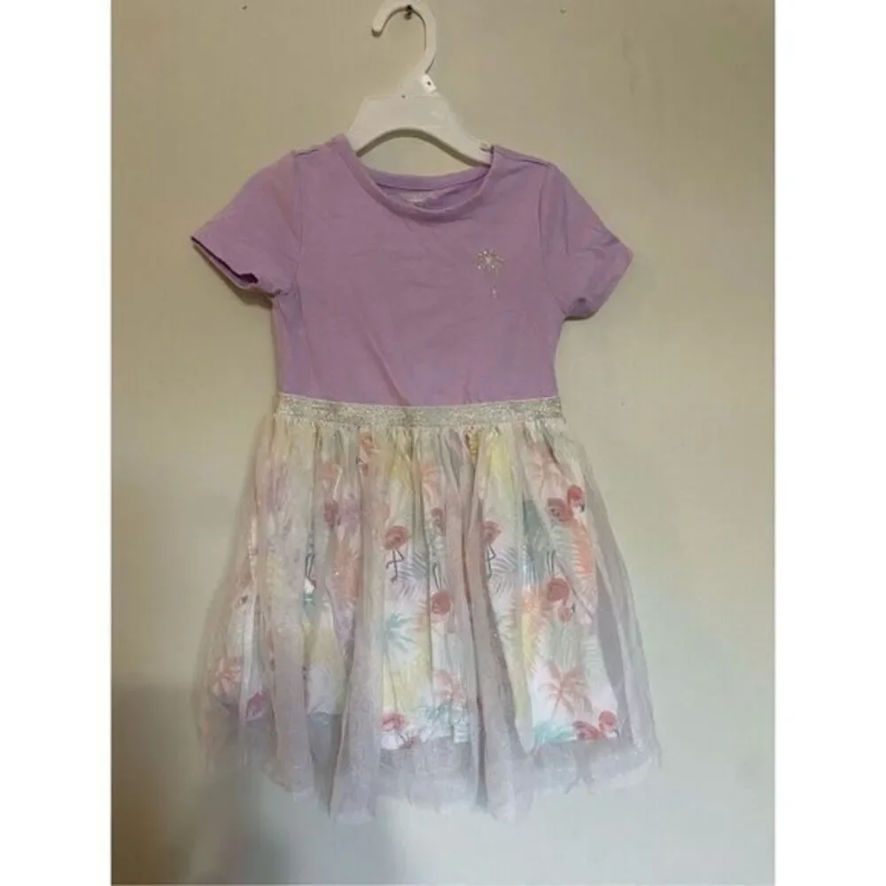 Little girls size, small purple, flamingo, short‎ sleeve dress